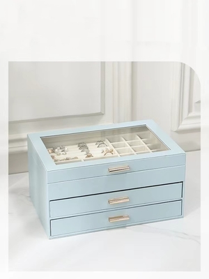 Boîte à bijoux durable de caisses bleu-clair en similicuir de bijoux en métal avec la fenêtre