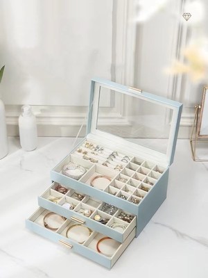 Boîte à bijoux durable de caisses bleu-clair en similicuir de bijoux en métal avec la fenêtre