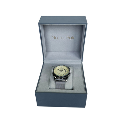 Le support bleu-clair de montre a gravé Logo Watch And Bracelet Box en refief
